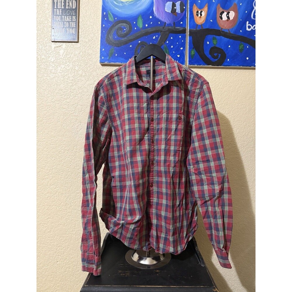 J Crew Shirt Mens Large Red Green Blue Plaid Twill Button Front Long Sleeve